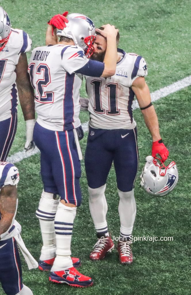 John Spink/Atlanta Journal-Constitution - Brady and Edelman celebrate as seconds are left on the clock on Sunday Feb. 3, 2019 at the Super Bowl between the New England Patriots and the L.A. Rams at Mercedes-Benz Stadium in Atlanta. 