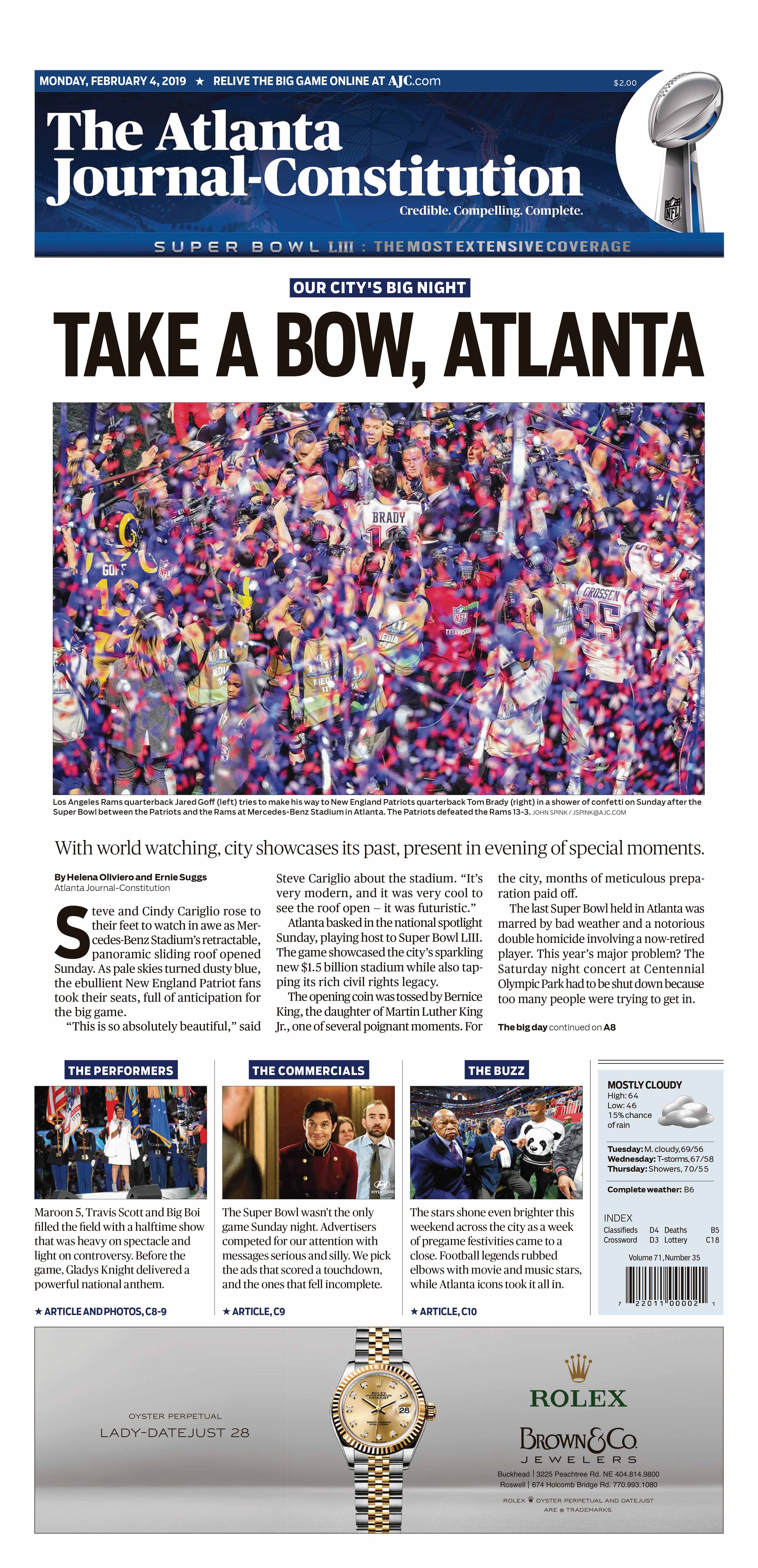 Atlanta Journal-Constitution Front Page - Super Bowl - John Spink Copyright Photo